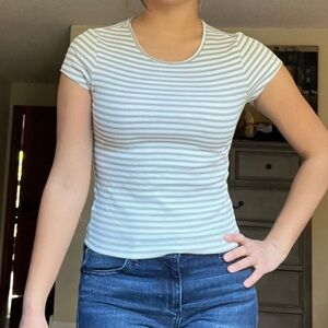 American Eagle Outfitters Green White Striped Hey Baby Ribbed Tee